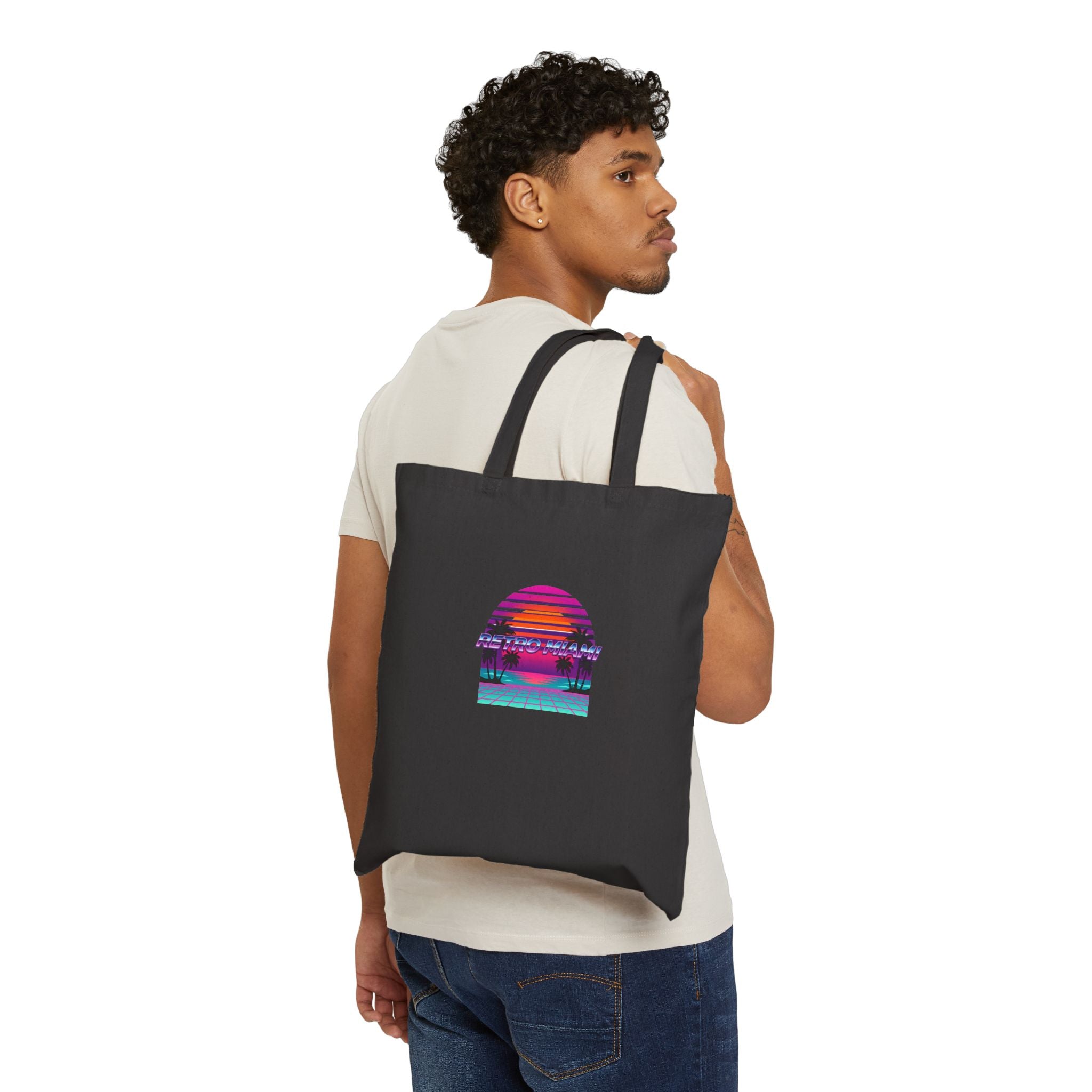 Retro Miami Sunset Canvas Tote Bag | 80s Synthwave Beach Tote