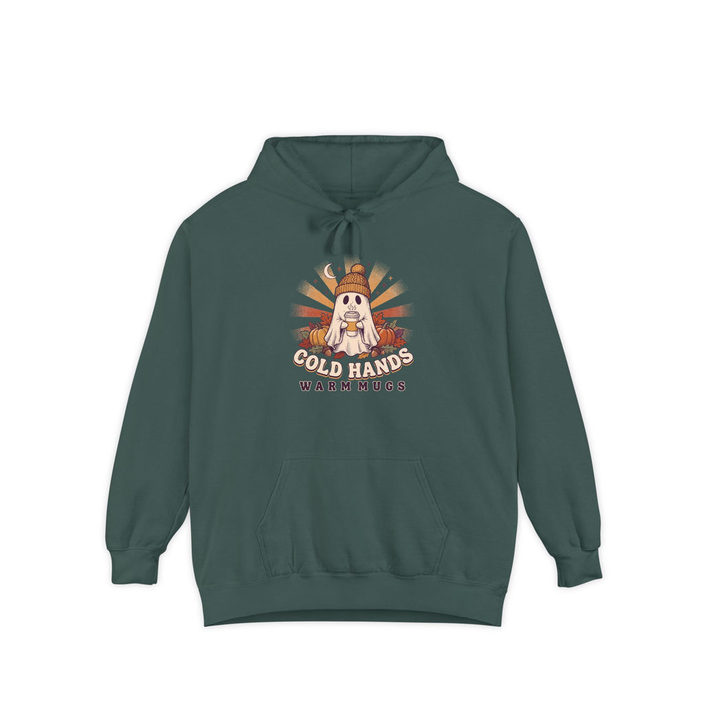 Cozy Ghost Hoodie | Cold Hands Warm Mugs Fall Coffee Art | Comfort Colors Garment Dyed