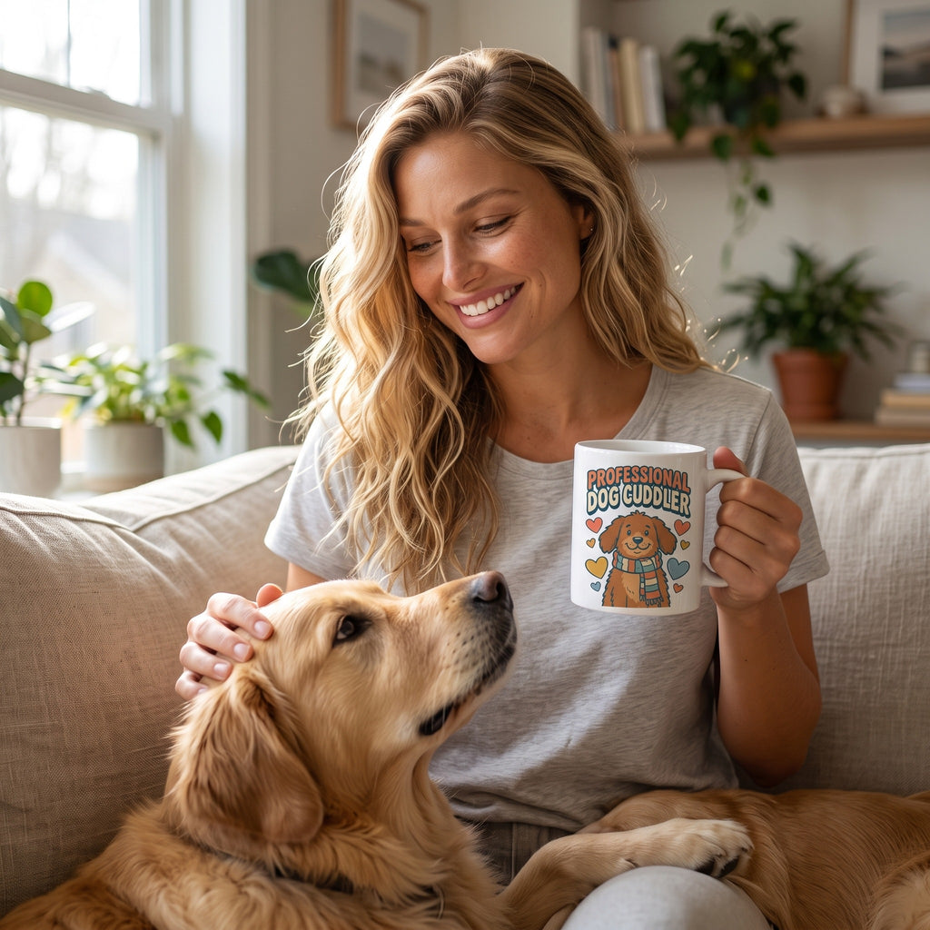 Professional Dog Cuddler 11oz ceramic mug, held by an approved model, wide lifestyle photograph