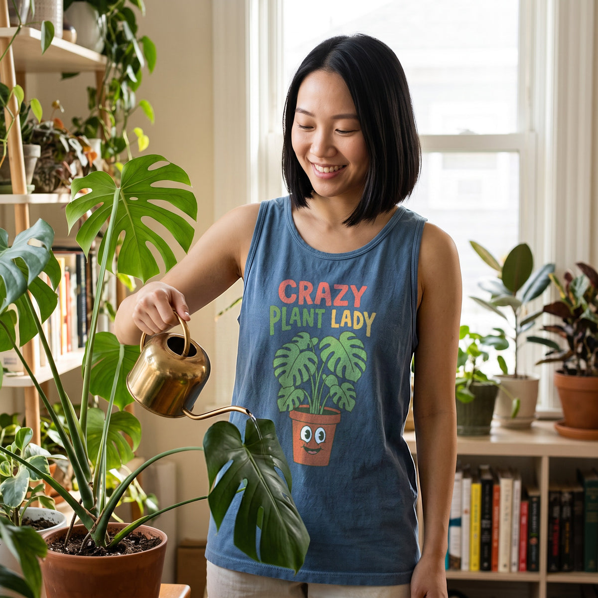 Crazy Plant Lady Tank Top in blue jean, worn by an approved model, wide lifestyle photograph
