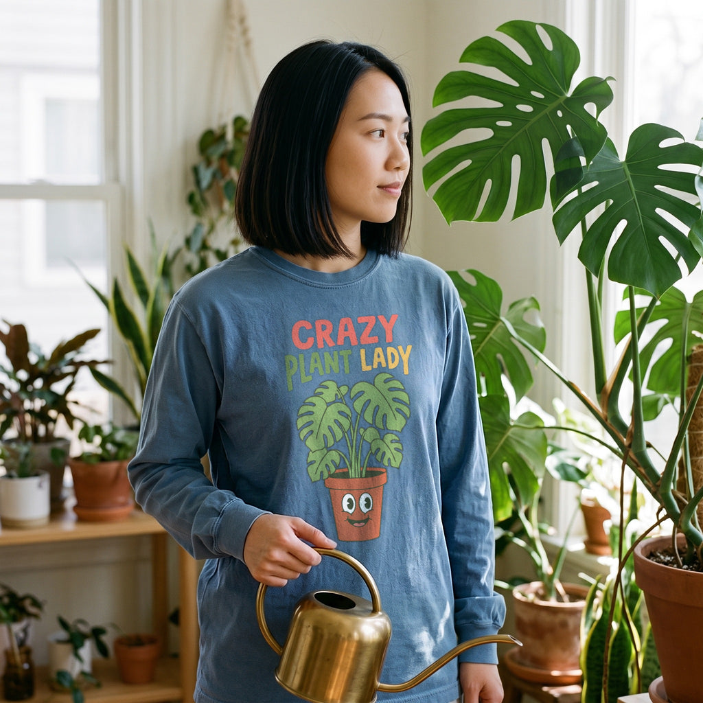 Crazy Plant Lady Long Sleeve Shirt in blue jean, worn by an approved model, wide lifestyle photograph