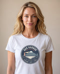 Bar Harbor Maine white tee on model, Acadia vintage lighthouse badge