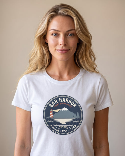 Bar Harbor Maine white tee on model, Acadia vintage lighthouse badge
