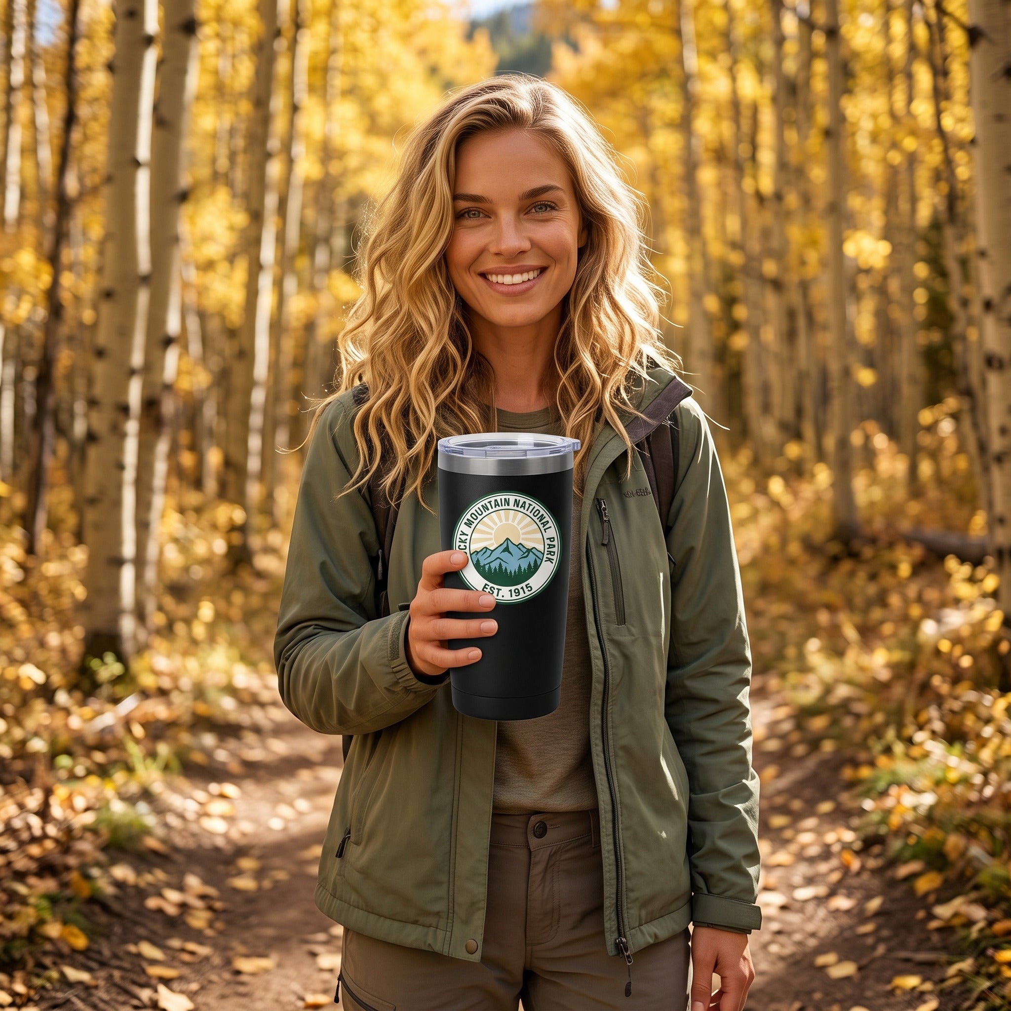 Rocky Mountain National Park 20oz insulated tumbler in black, held by an approved model, mid lifestyle photograph