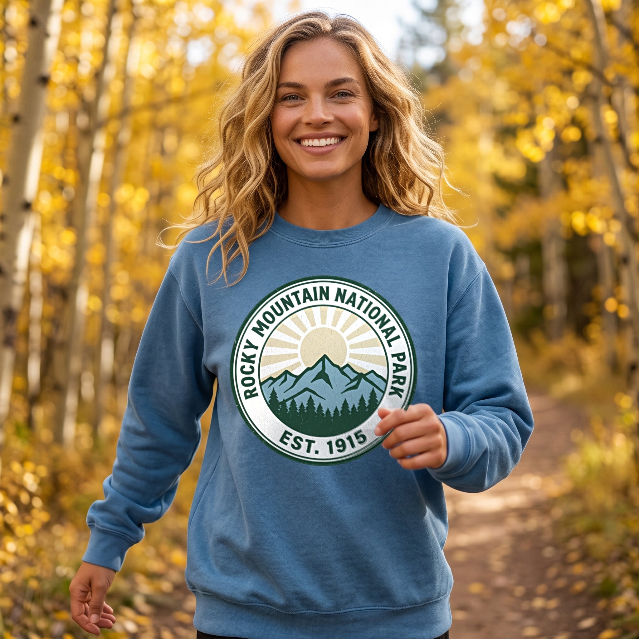 Rocky Mountain National Park crewneck sweatshirt in ocean, worn by an approved model, close lifestyle photograph