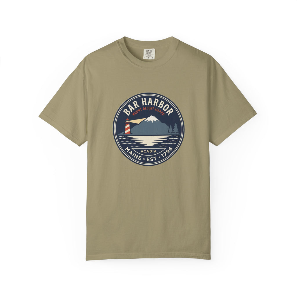Bar Harbor Maine tee in Khaki, Acadia vintage badge with lighthouse, Cadillac Mountain and evergreens in a navy roundel, EST. 1796
