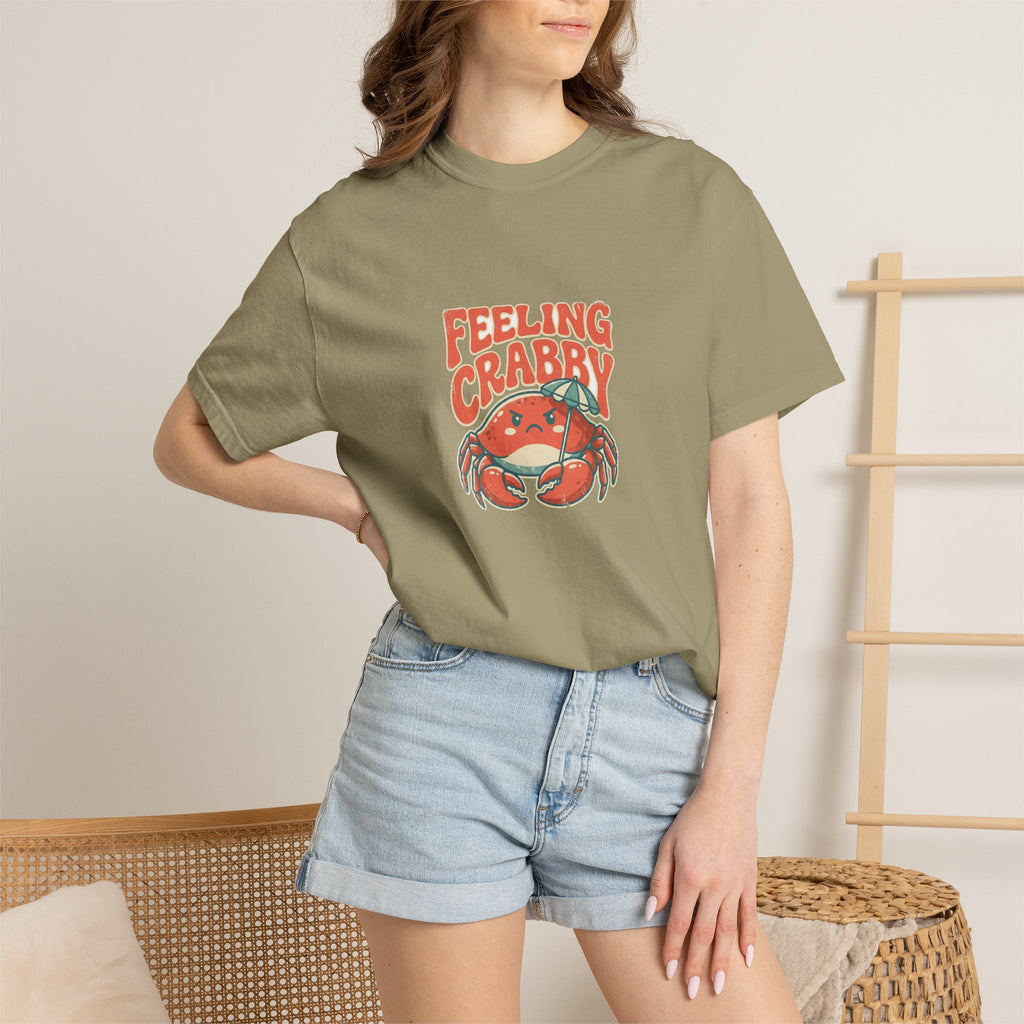 Feeling Crabby summer tee, retro grumpy crab and beach umbrella graphic on soft garment dyed cotton