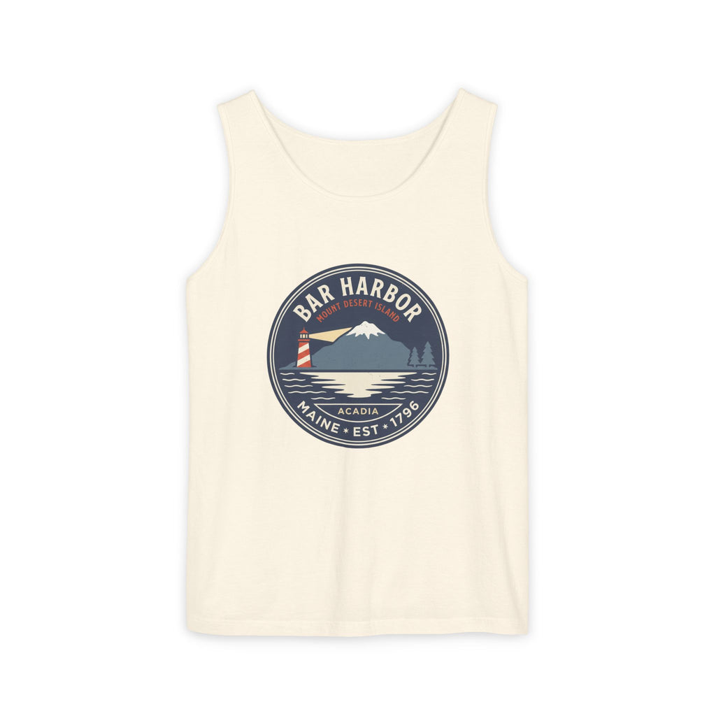 Bar Harbor Maine tank top in Ivory, Acadia vintage badge with lighthouse, Cadillac Mountain and evergreens in a navy roundel, EST. 1796