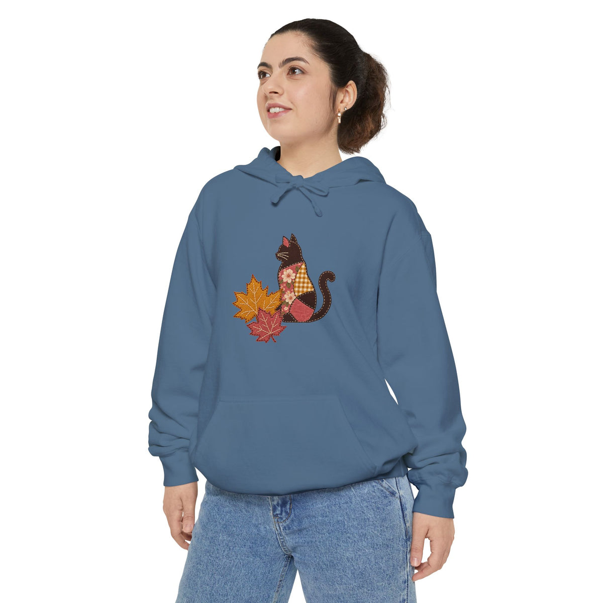 Black Cat Hoodie | Patchwork Cat and Fall Leaves | Comfort Colors Garment Dyed