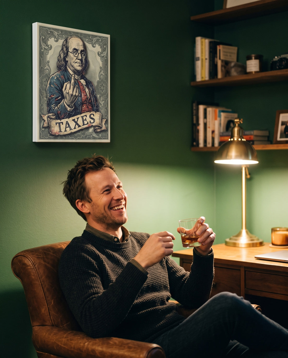 Ben Franklin TAXES canvas, 18 by 24 inches, hung in a green home study above a writing desk