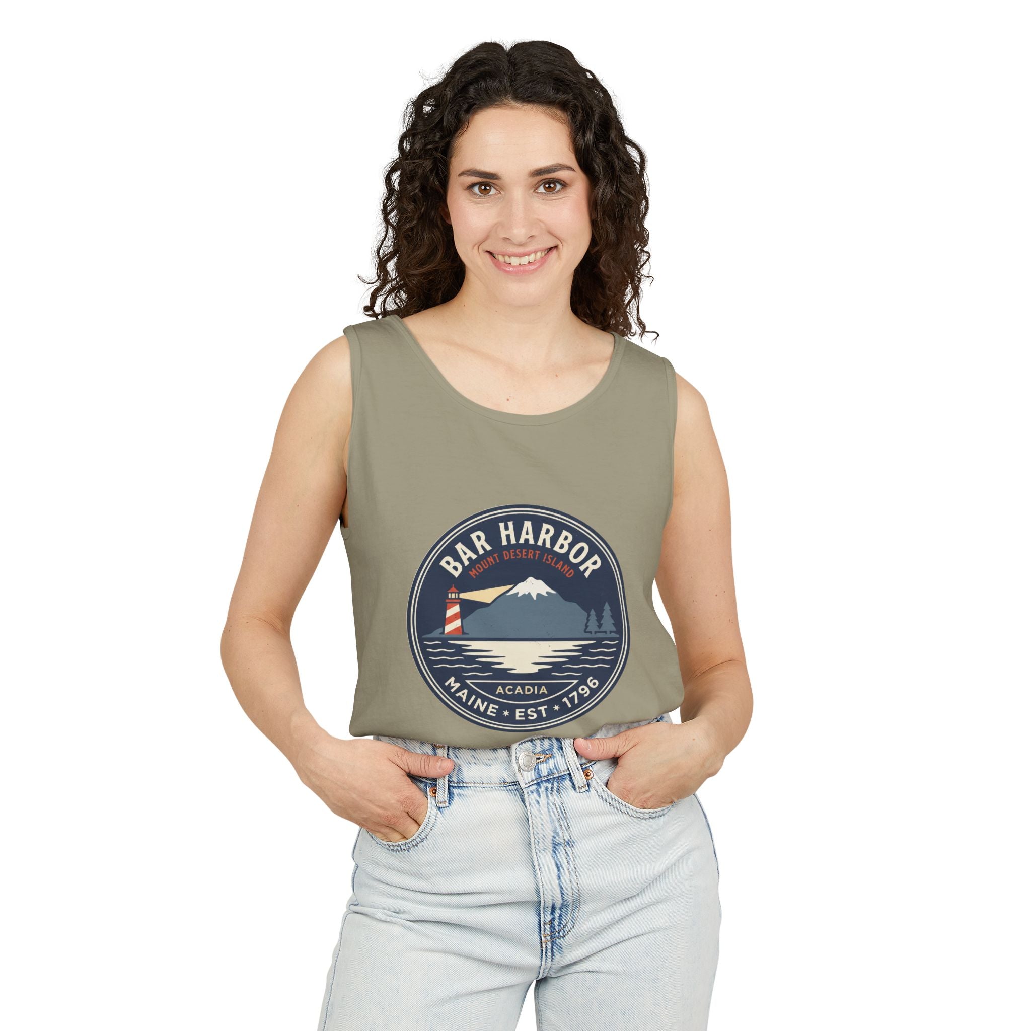 Bar Harbor Maine tank top, Acadia vintage badge with lighthouse, Cadillac Mountain and evergreens in a navy roundel, EST. 1796