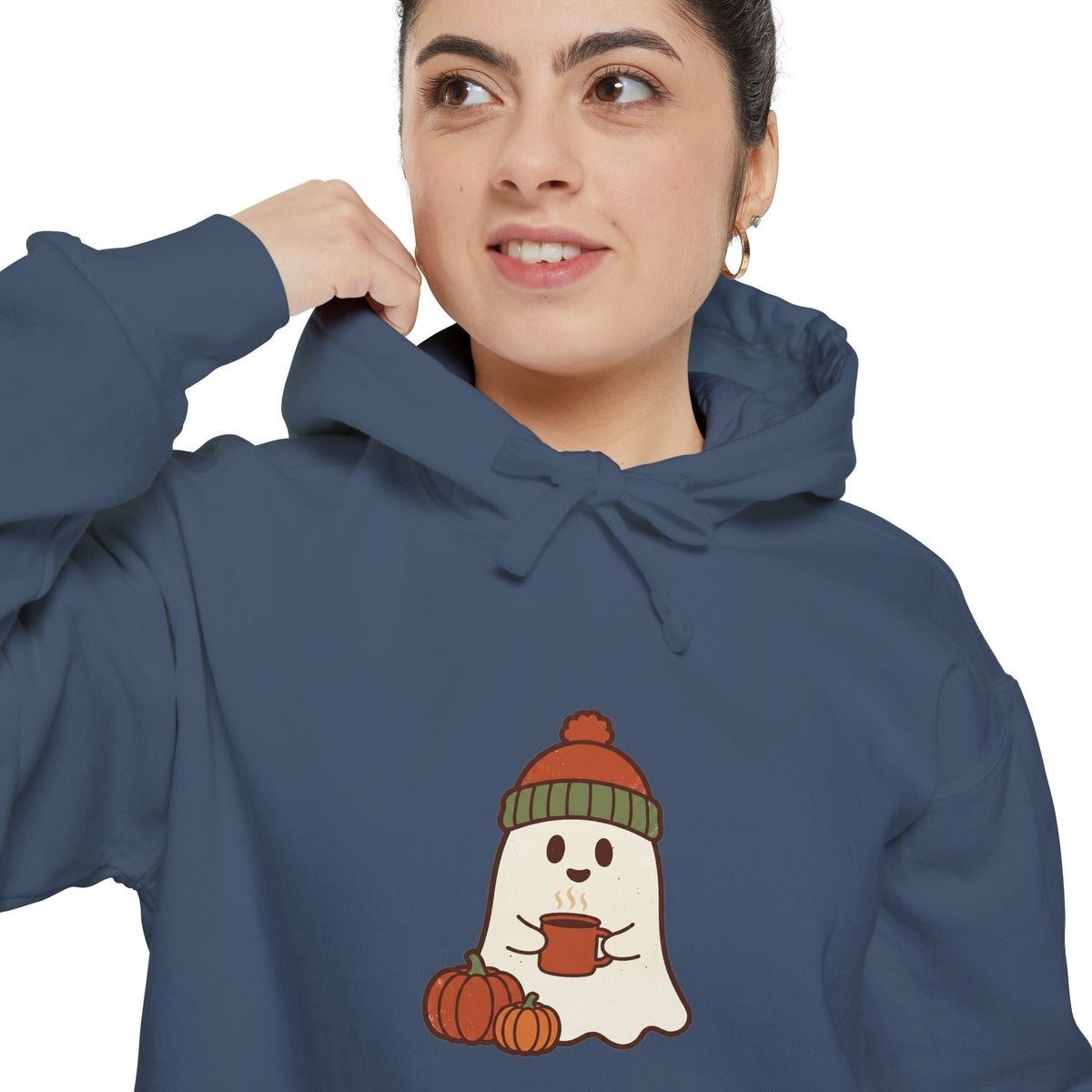 Retro Ghost Hoodie | Ghost in a Knitted Beanie Cocoa Art | Comfort Colors Garment Dyed