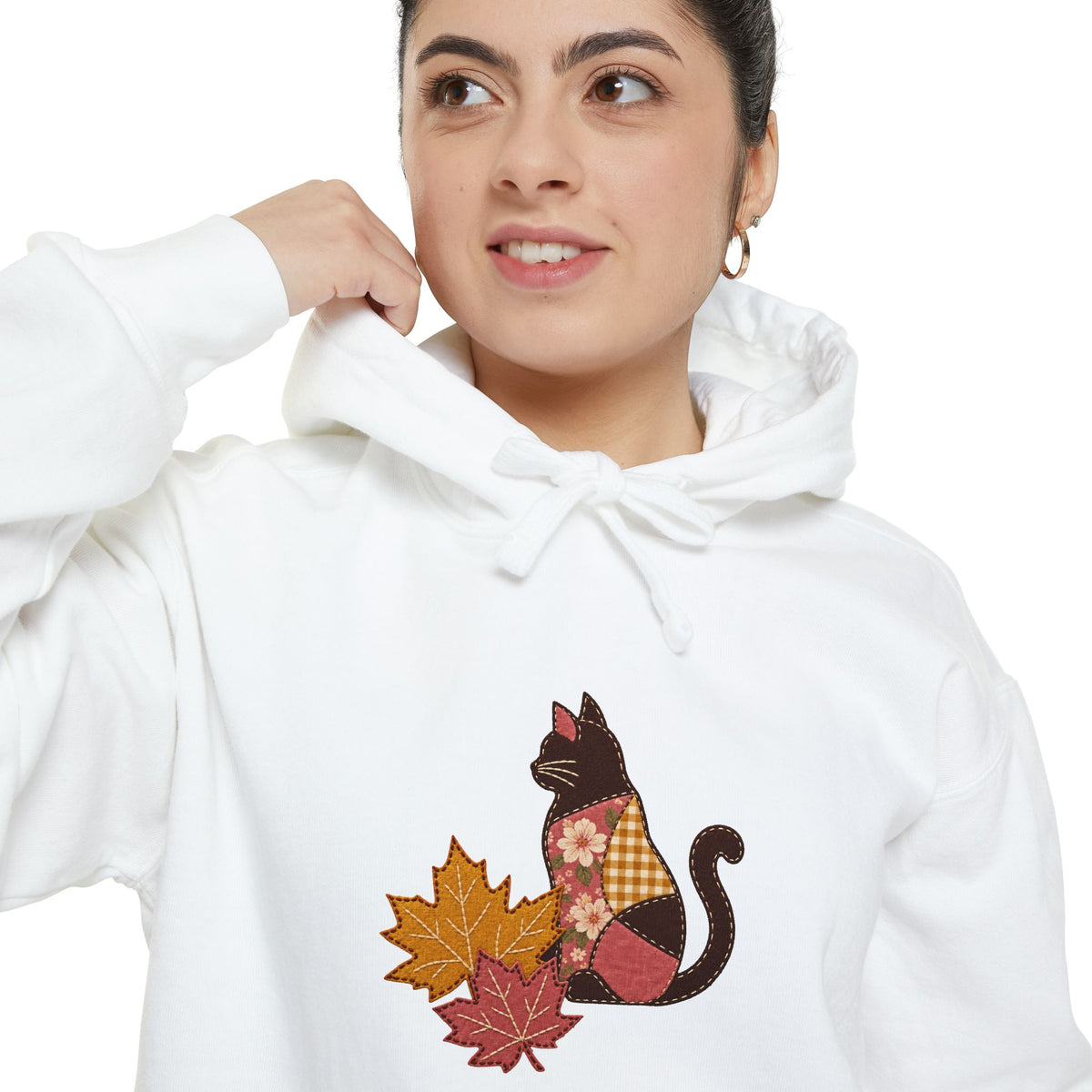 Black Cat Hoodie | Patchwork Cat and Fall Leaves | Comfort Colors Garment Dyed
