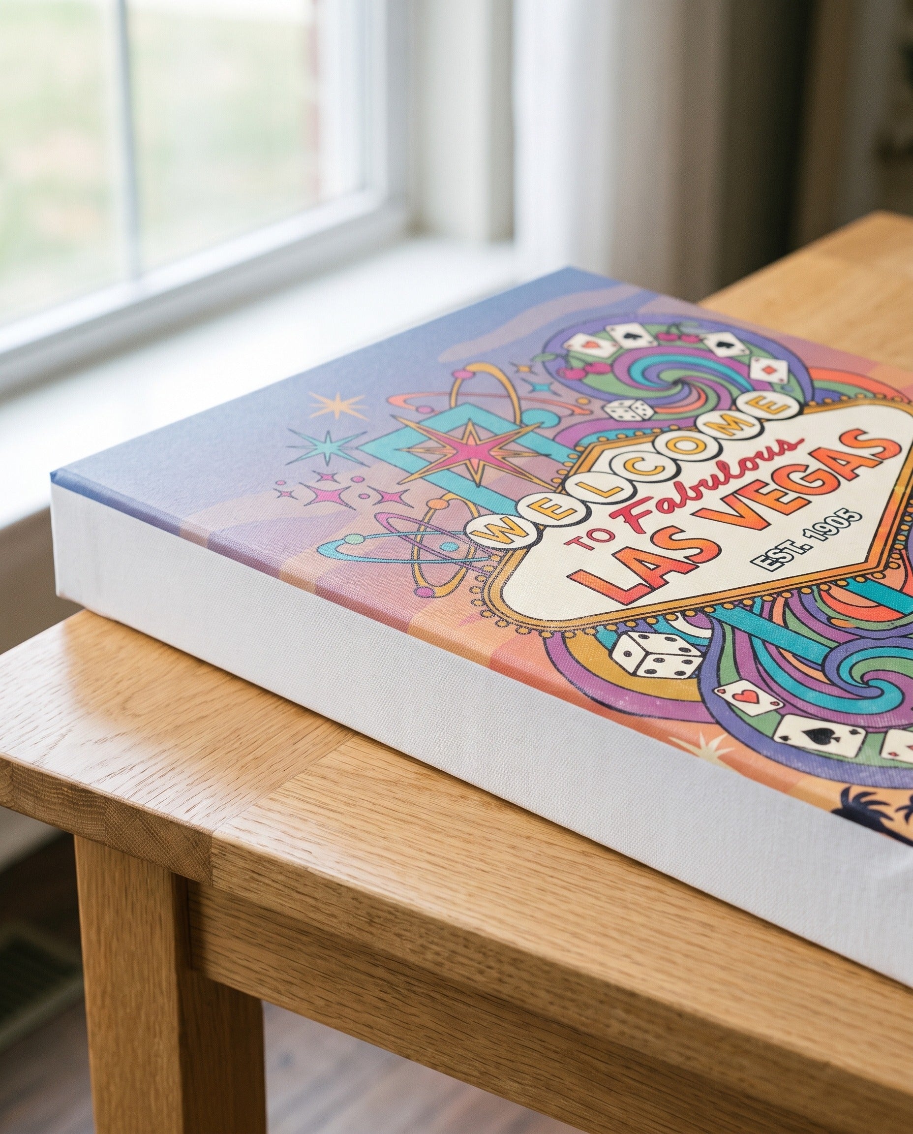 Corner detail of the welcome sign canvas showing the full bleed print and 0.75 inch gallery wrap