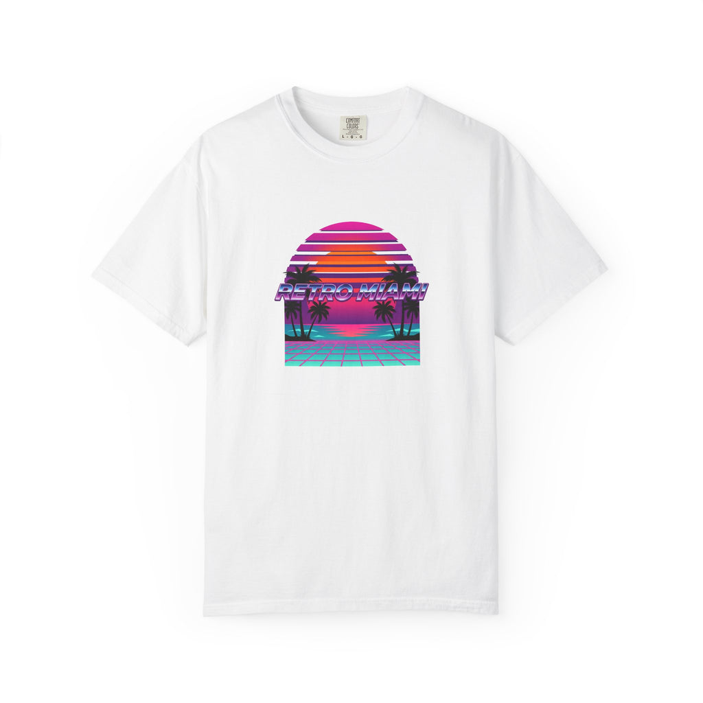 Retro Miami Sunset Tee in White — Comfort Colors 80s Synthwave Graphic Tee