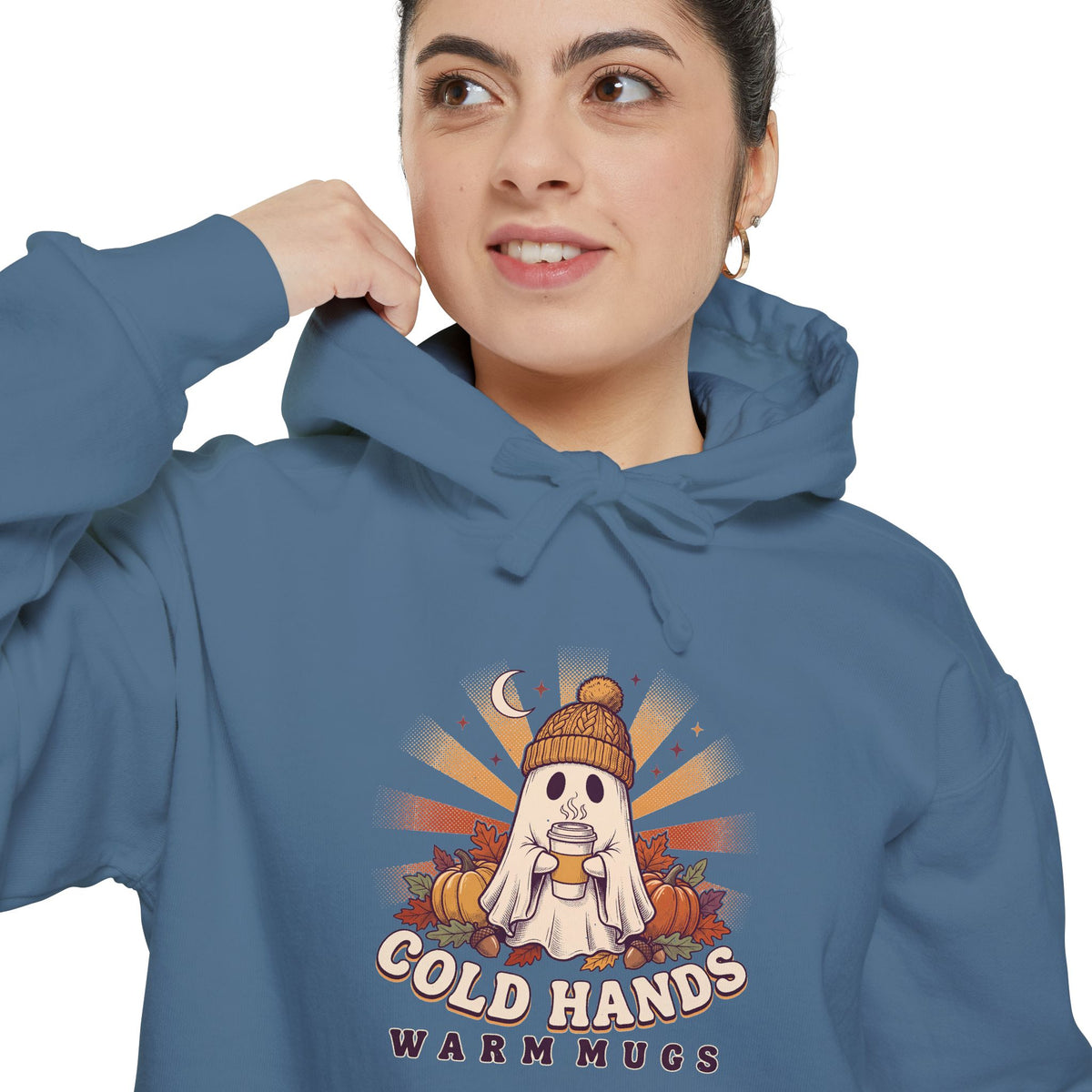 Cozy Ghost Hoodie | Cold Hands Warm Mugs Fall Coffee Art | Comfort Colors Garment Dyed