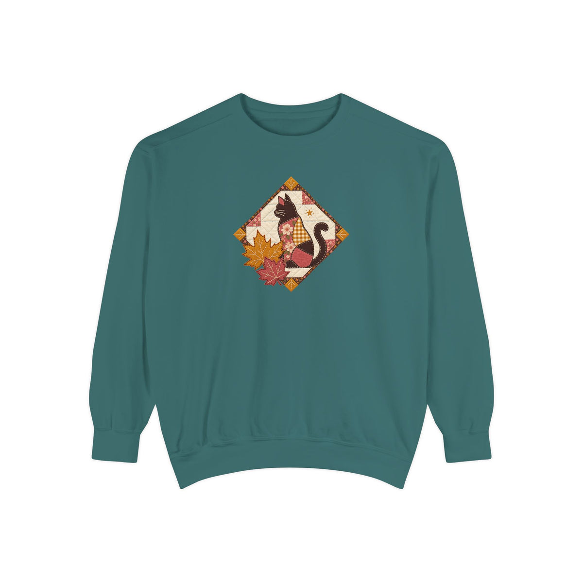 Black Cat Crewneck Sweatshirt | Vintage Patchwork Quilt Fall Art | Comfort Colors Garment Dyed