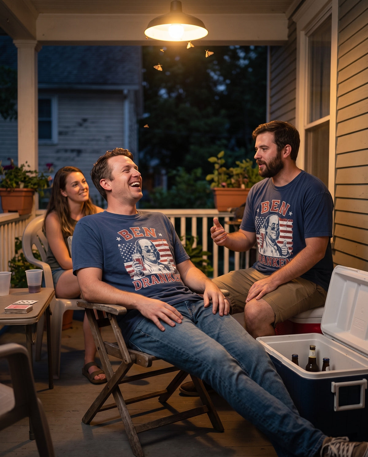 Ben Dranken tee on a porch after dark under a warm bulb