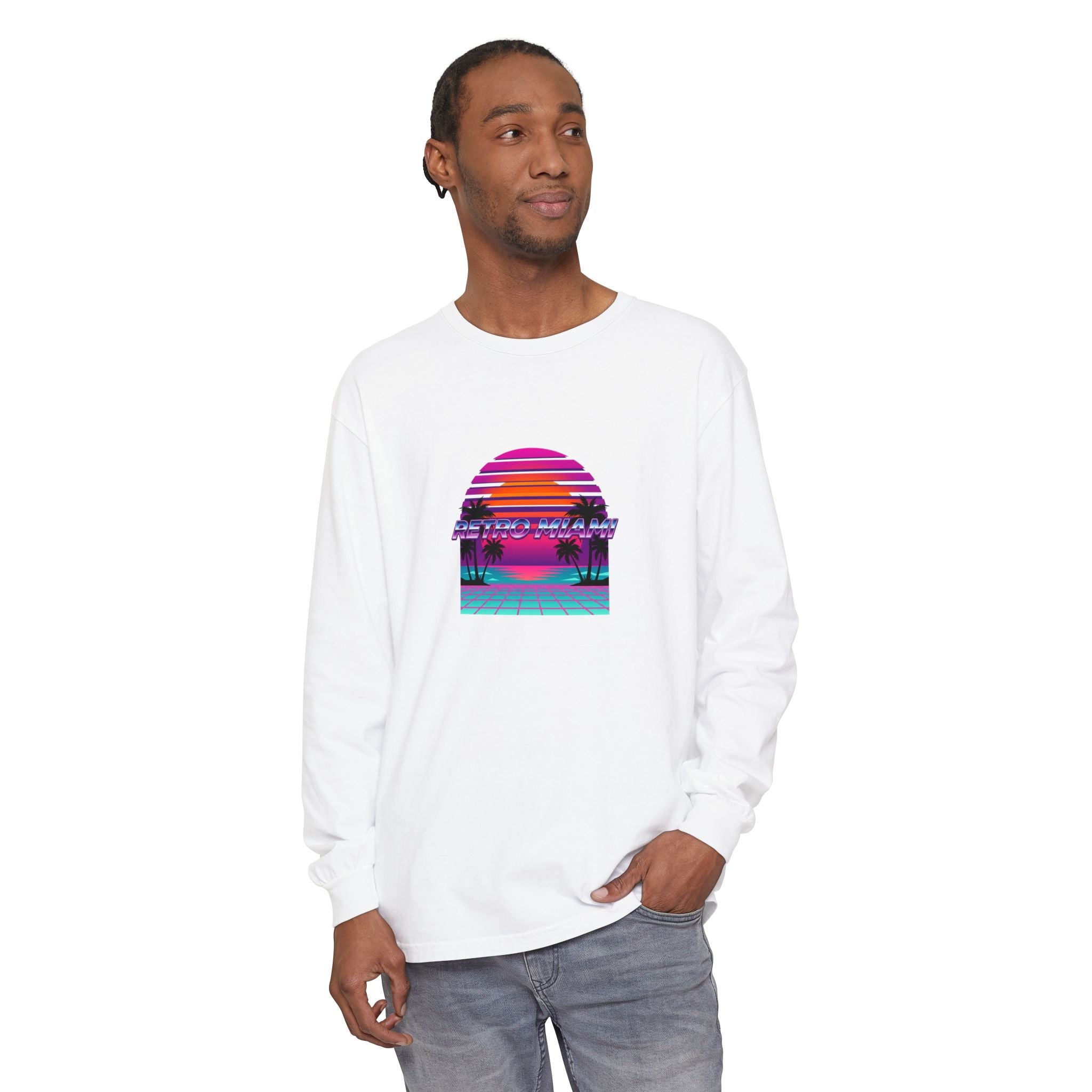 Retro Miami Sunset Long-Sleeve — 80s Synthwave Comfort Colors Shirt