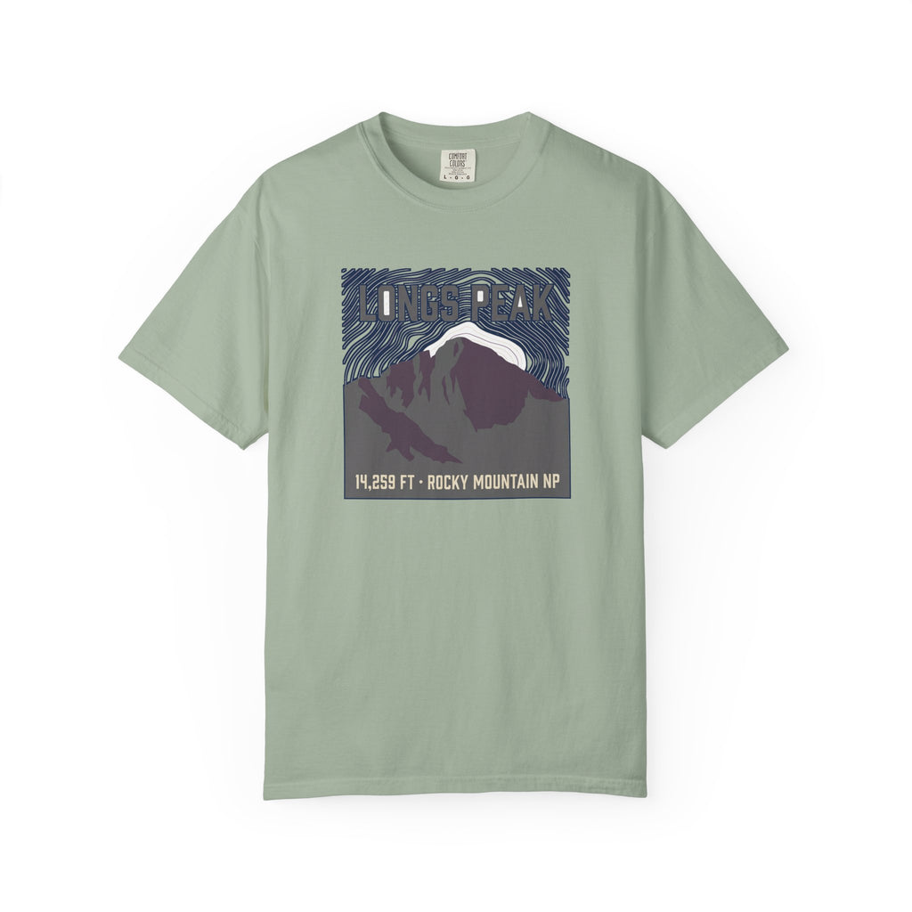 Longs Peak Colorado tee in Bay, 14,259 ft summit silhouette with Rocky Mountain National Park topographic graphic