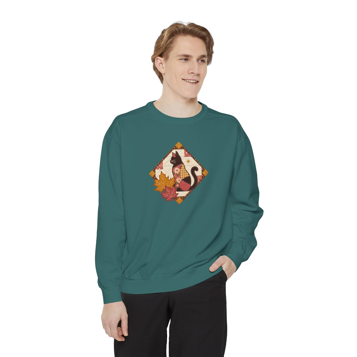 Black Cat Crewneck Sweatshirt | Vintage Patchwork Quilt Fall Art | Comfort Colors Garment Dyed