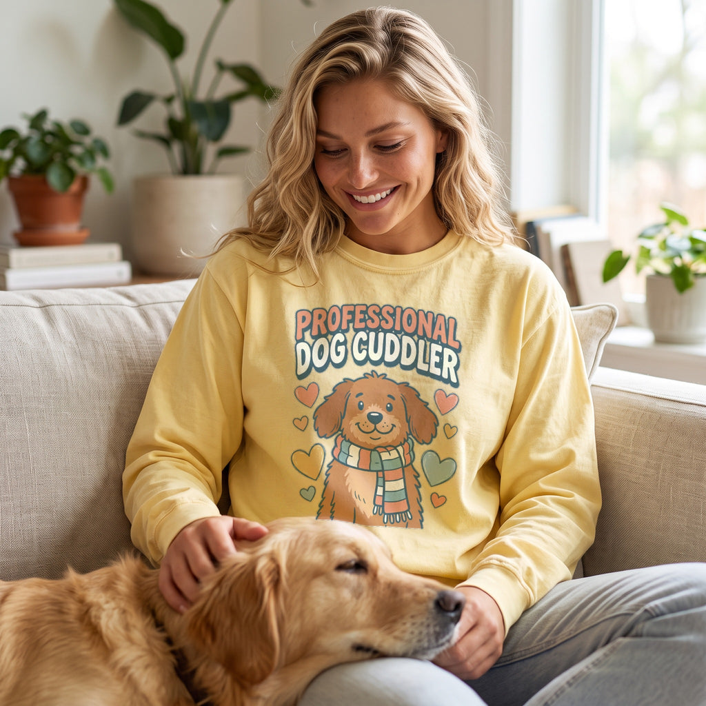 Professional Dog Cuddler Long Sleeve in butter, worn by an approved model, wide lifestyle photograph