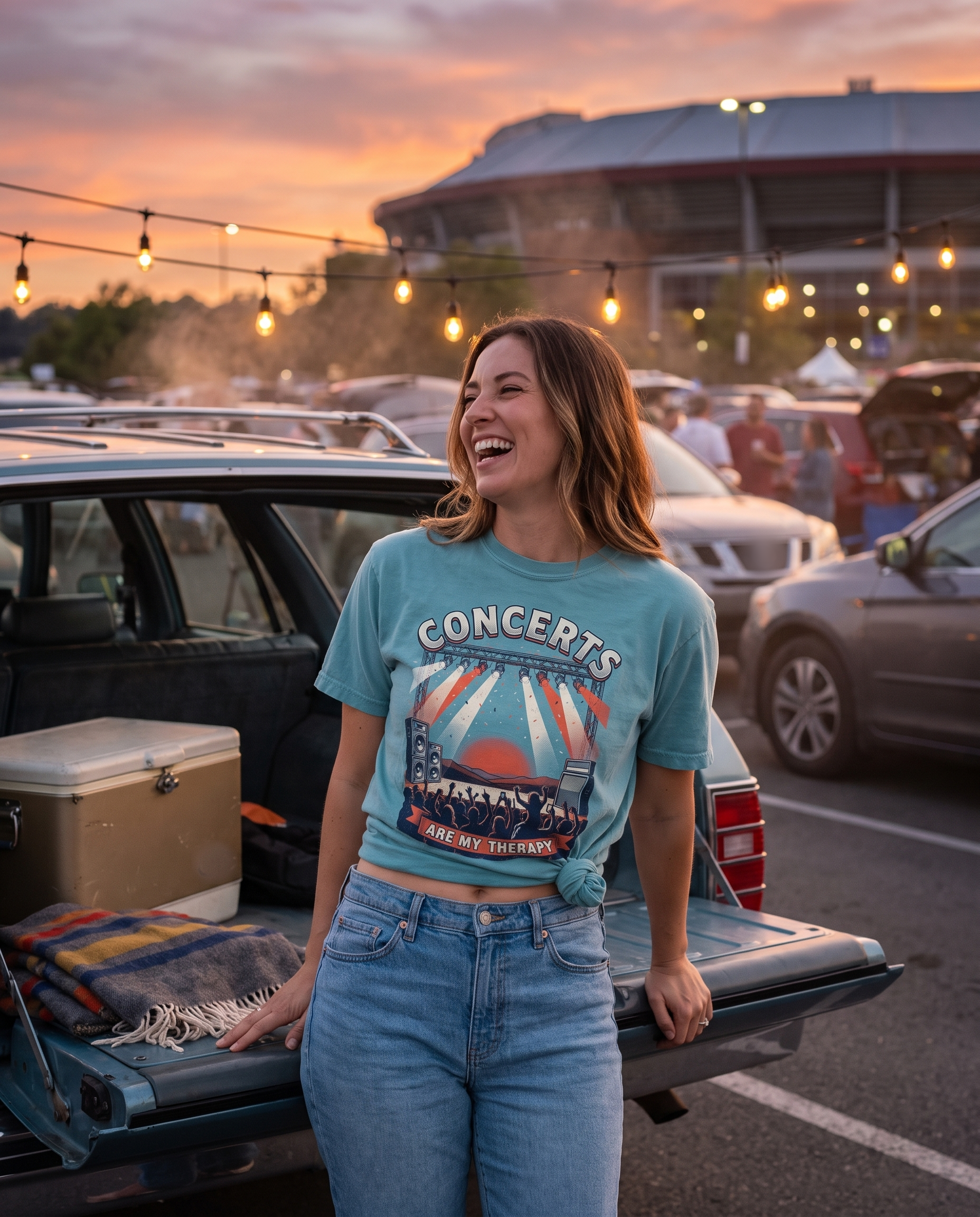 Bay Comfort Colors Concerts Are My Therapy tee with a side knot, worn at a tailgate under string lights before a show. AI generated model imagery, no real person photographed.