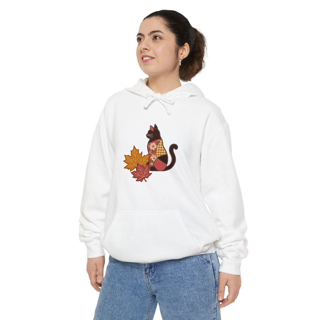 Black Cat Hoodie | Patchwork Cat and Fall Leaves | Comfort Colors Garment Dyed