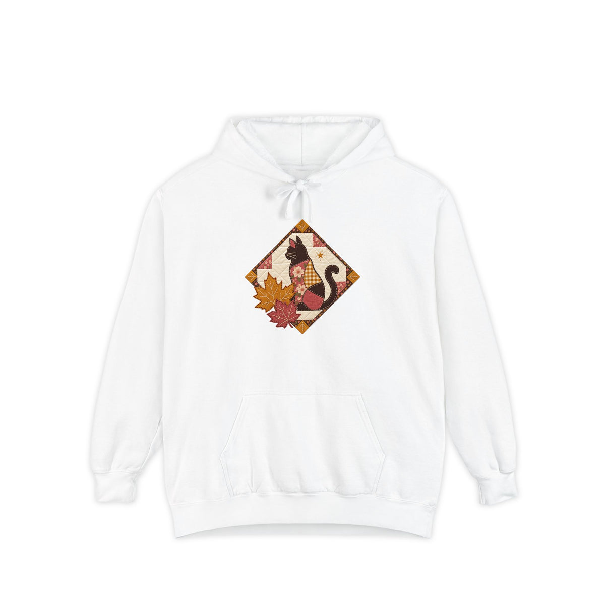 Black Cat Hoodie | Vintage Patchwork Quilt Fall Art | Comfort Colors Garment Dyed