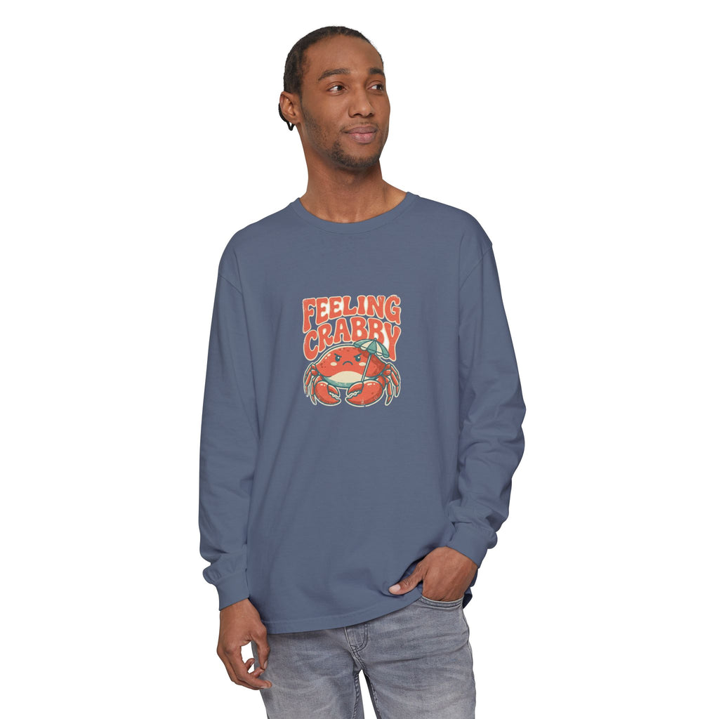 Feeling Crabby summer long sleeve tee, retro grumpy crab and beach umbrella graphic on soft garment dyed cotton