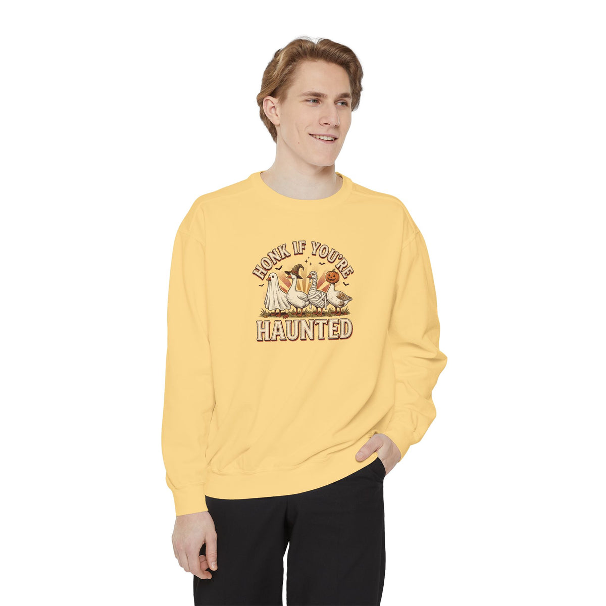 Funny Halloween Crewneck Sweatshirt | Honk If You're Haunted Goose Art | Comfort Colors Garment Dyed