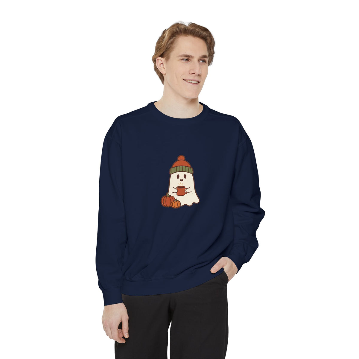 Retro Ghost Crewneck Sweatshirt | Ghost in a Knitted Beanie Cocoa Art | Comfort Colors Garment Dyed