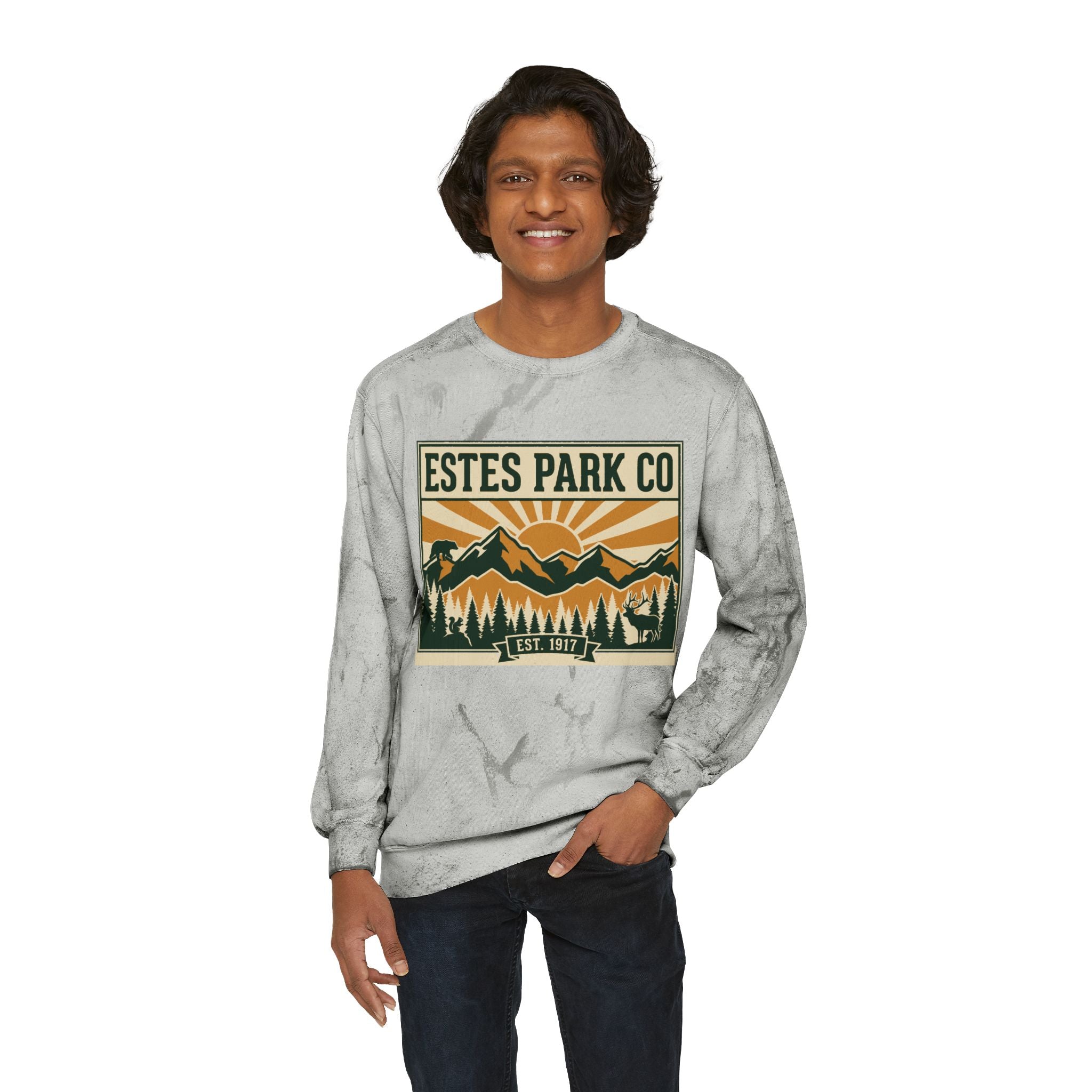 Estes Park CO Hidden Wildlife Crewneck Sweatshirt | Forest Green EST. 1917