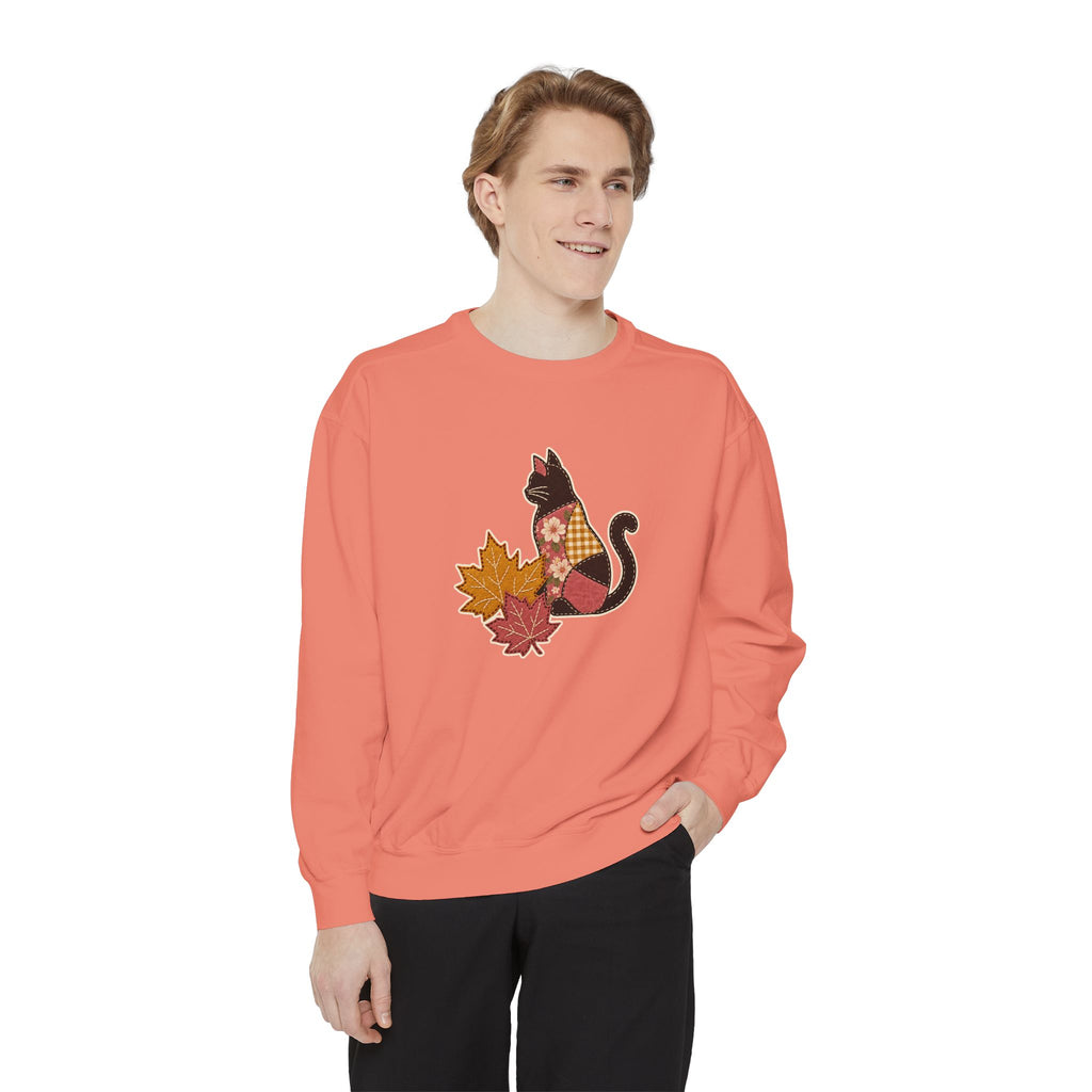 Black Cat Crewneck Sweatshirt | Patchwork Cat and Fall Leaves | Comfort Colors Garment Dyed