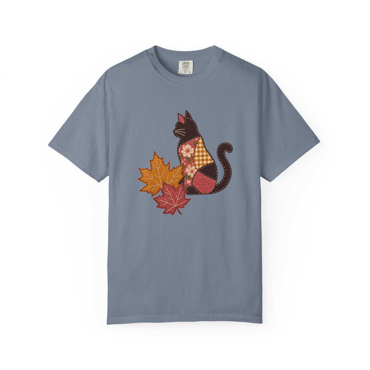 Black Cat Tee | Patchwork Cat and Fall Leaves | Comfort Colors Garment Dyed