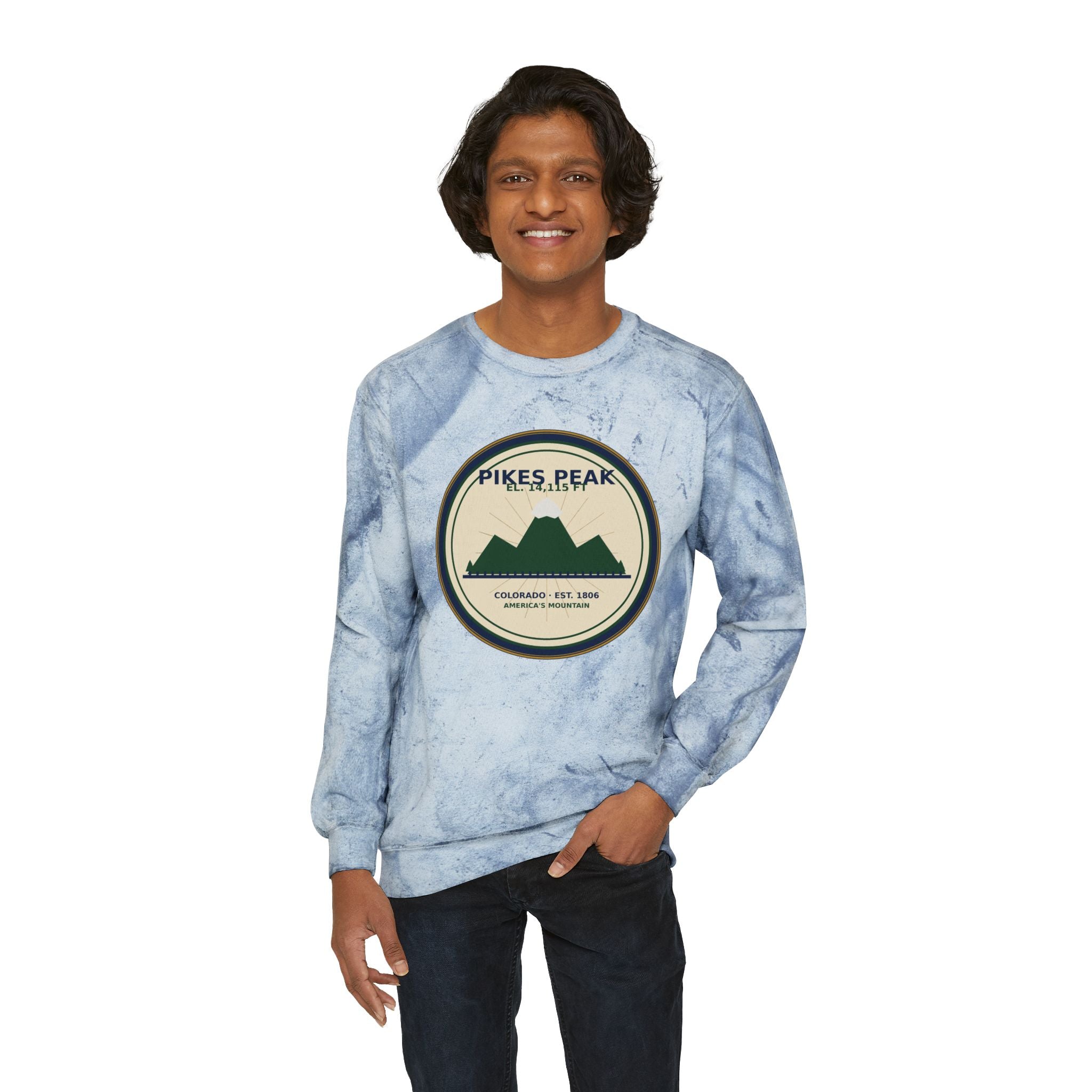 Pikes Peak Crewneck Sweatshirt | Vintage Colorado Mountain Badge
