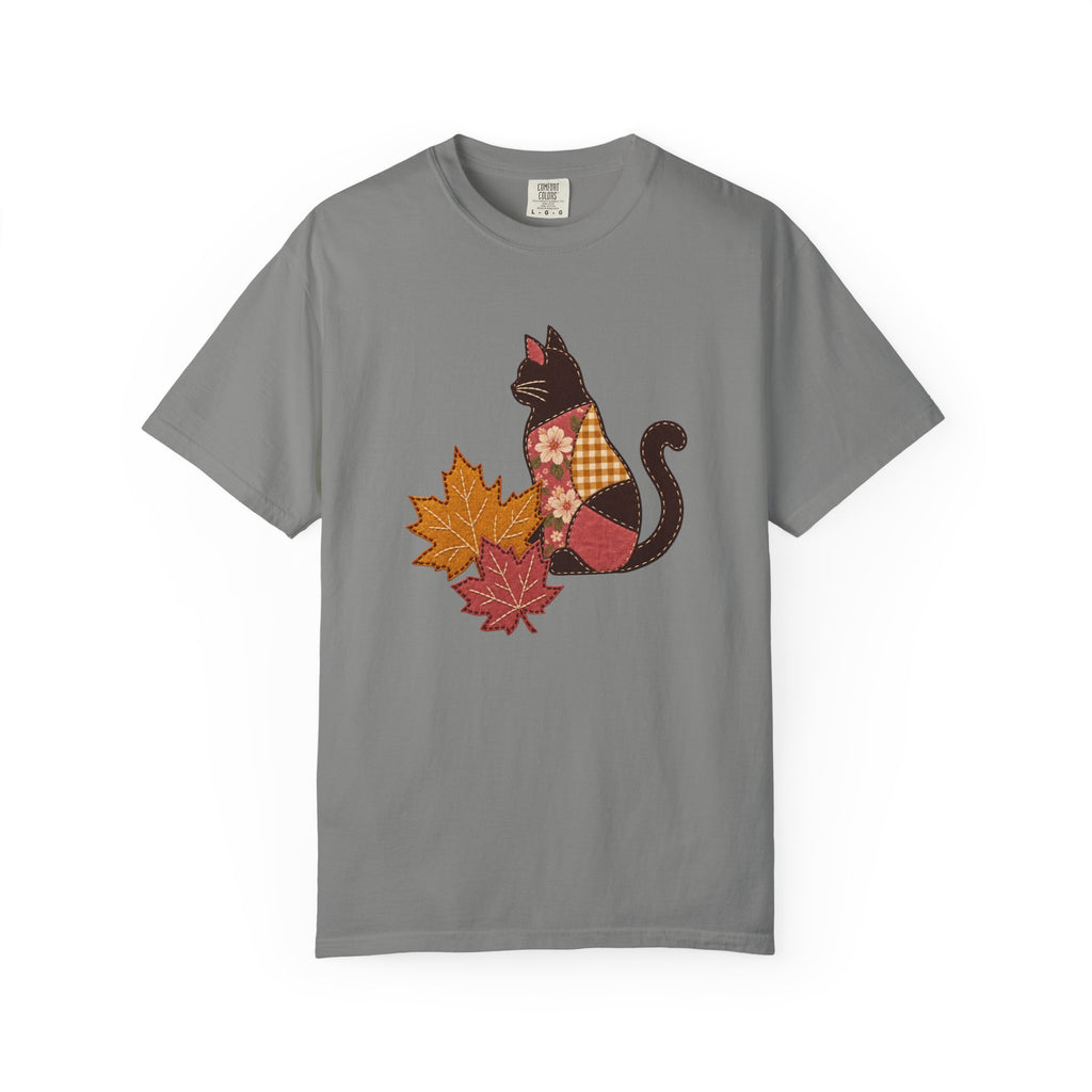 Black Cat Tee | Patchwork Cat and Fall Leaves | Comfort Colors Garment Dyed