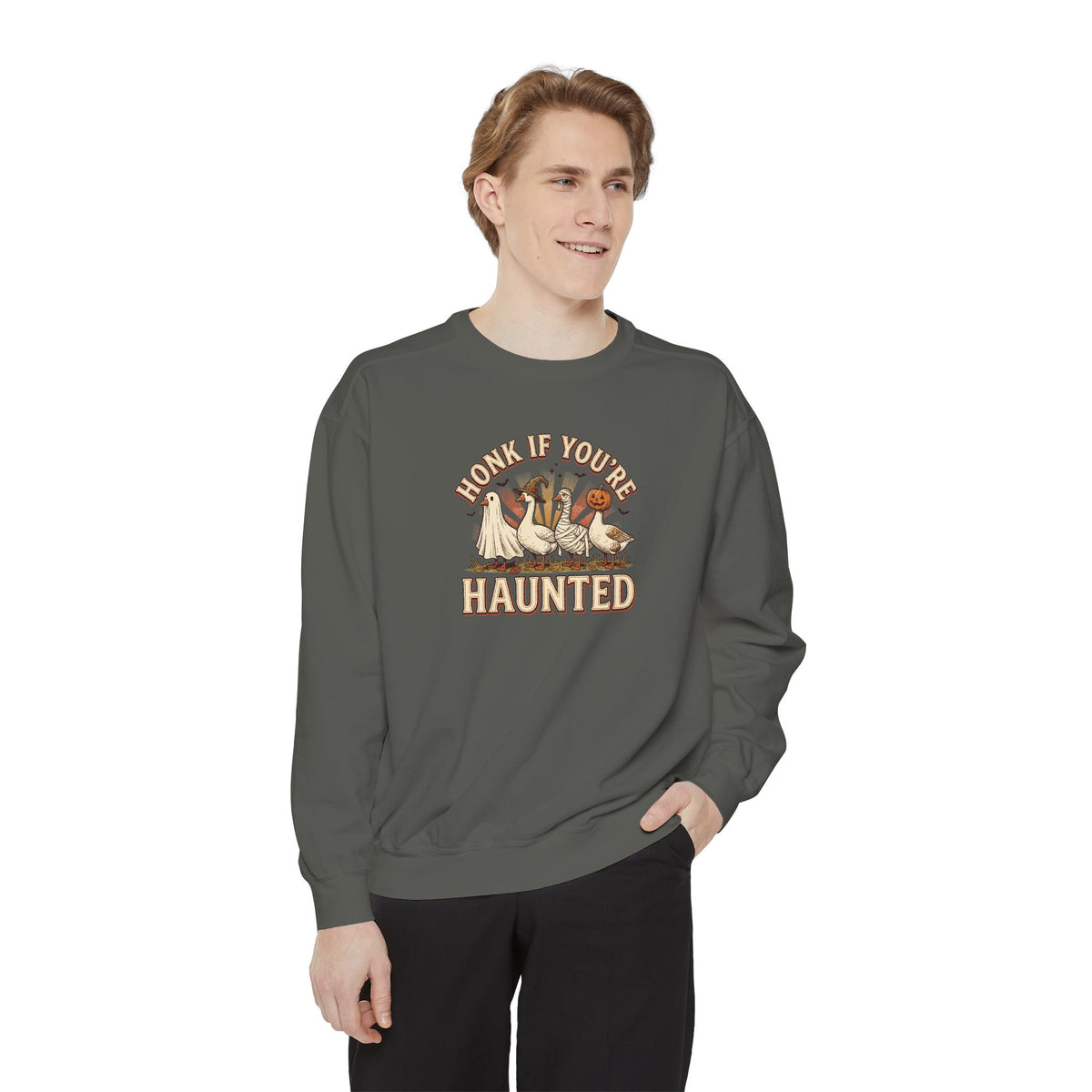 Funny Halloween Crewneck Sweatshirt | Honk If You're Haunted Goose Art | Comfort Colors Garment Dyed