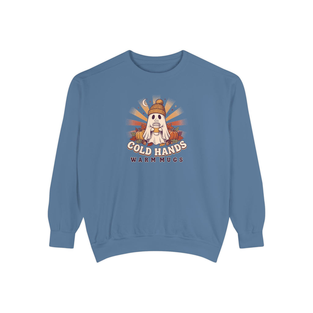 Cozy Ghost Crewneck Sweatshirt | Cold Hands Warm Mugs Fall Coffee Art | Comfort Colors Garment Dyed