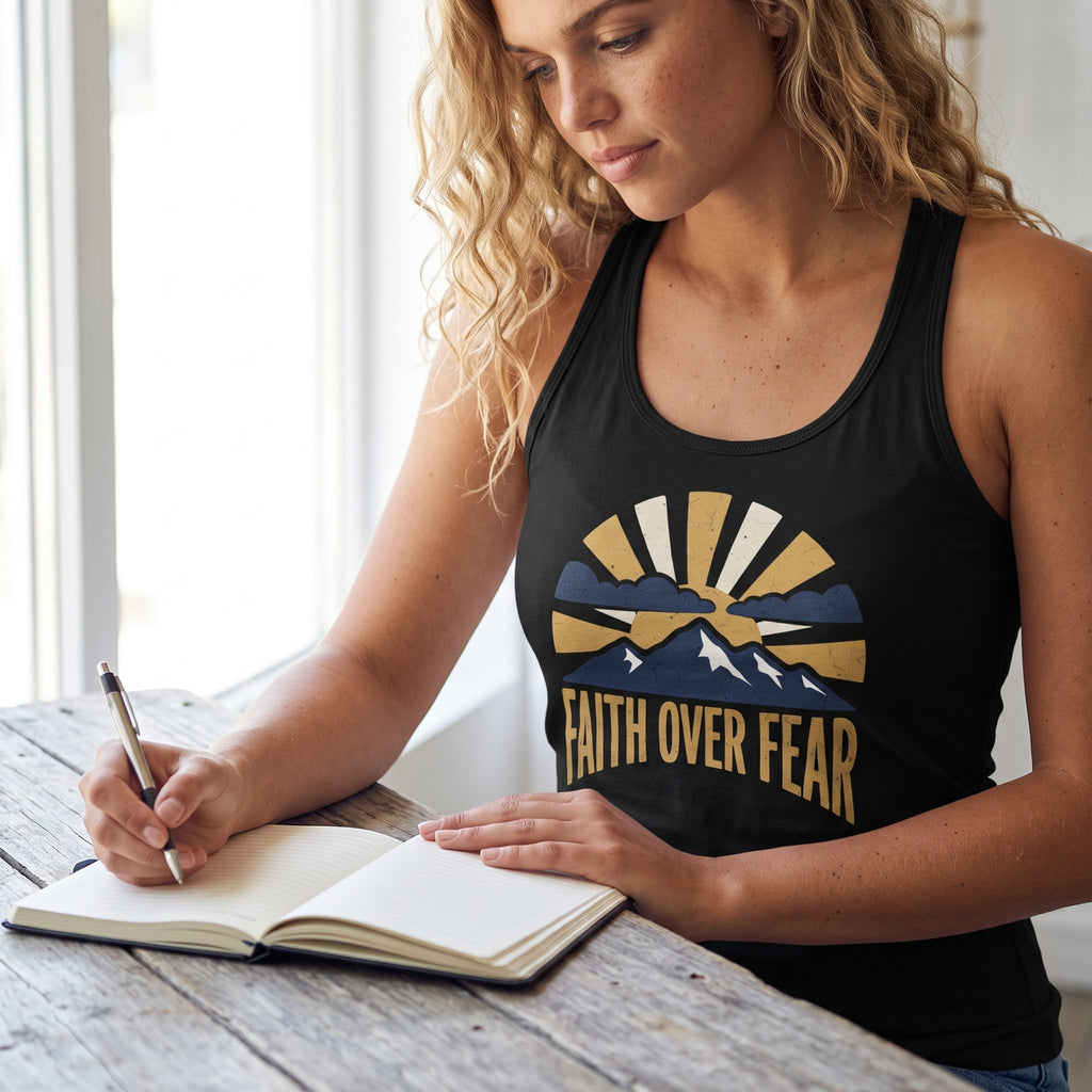 Faith Over Fear racerback tank in solid black, worn by an approved model, close lifestyle photograph