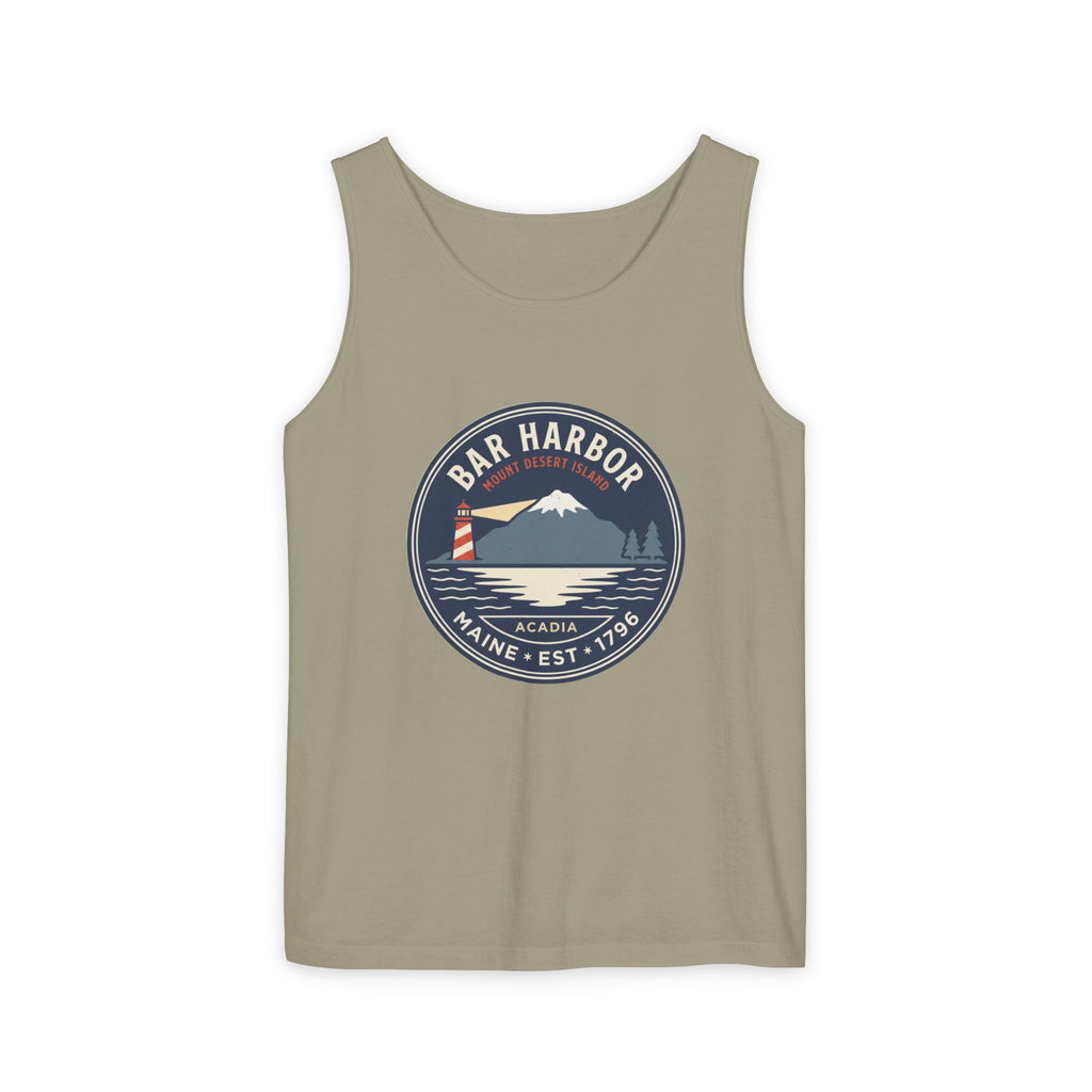Bar Harbor Maine tank top in Sandstone, Acadia vintage badge with lighthouse, Cadillac Mountain and evergreens in a navy roundel, EST. 1796