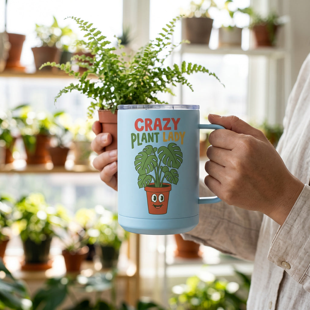 Crazy Plant Lady 15oz insulated mug in light blue, held by an approved model, close lifestyle photograph