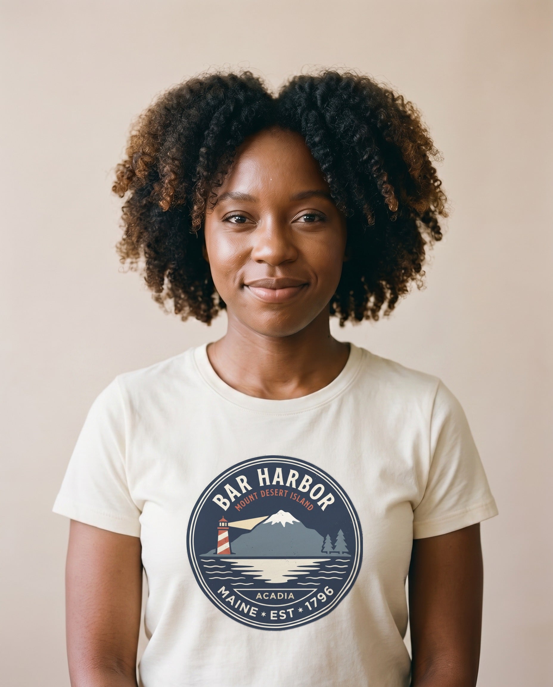 Bar Harbor Maine ivory tee on model, Acadia vintage lighthouse badge