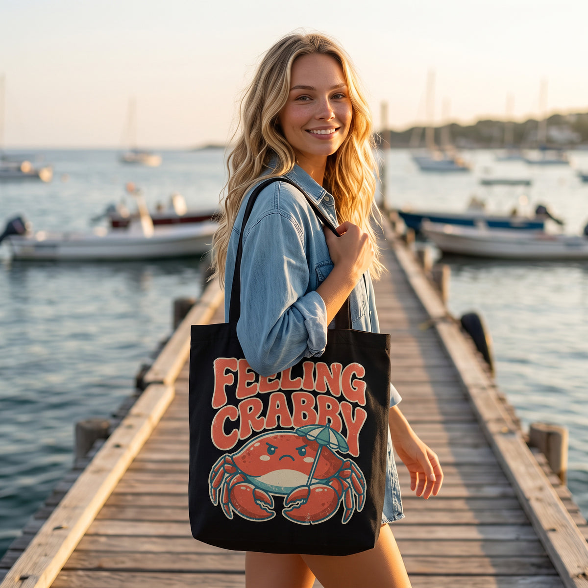 Feeling Crabby canvas tote bag in black, carried by an approved model, wide lifestyle photograph