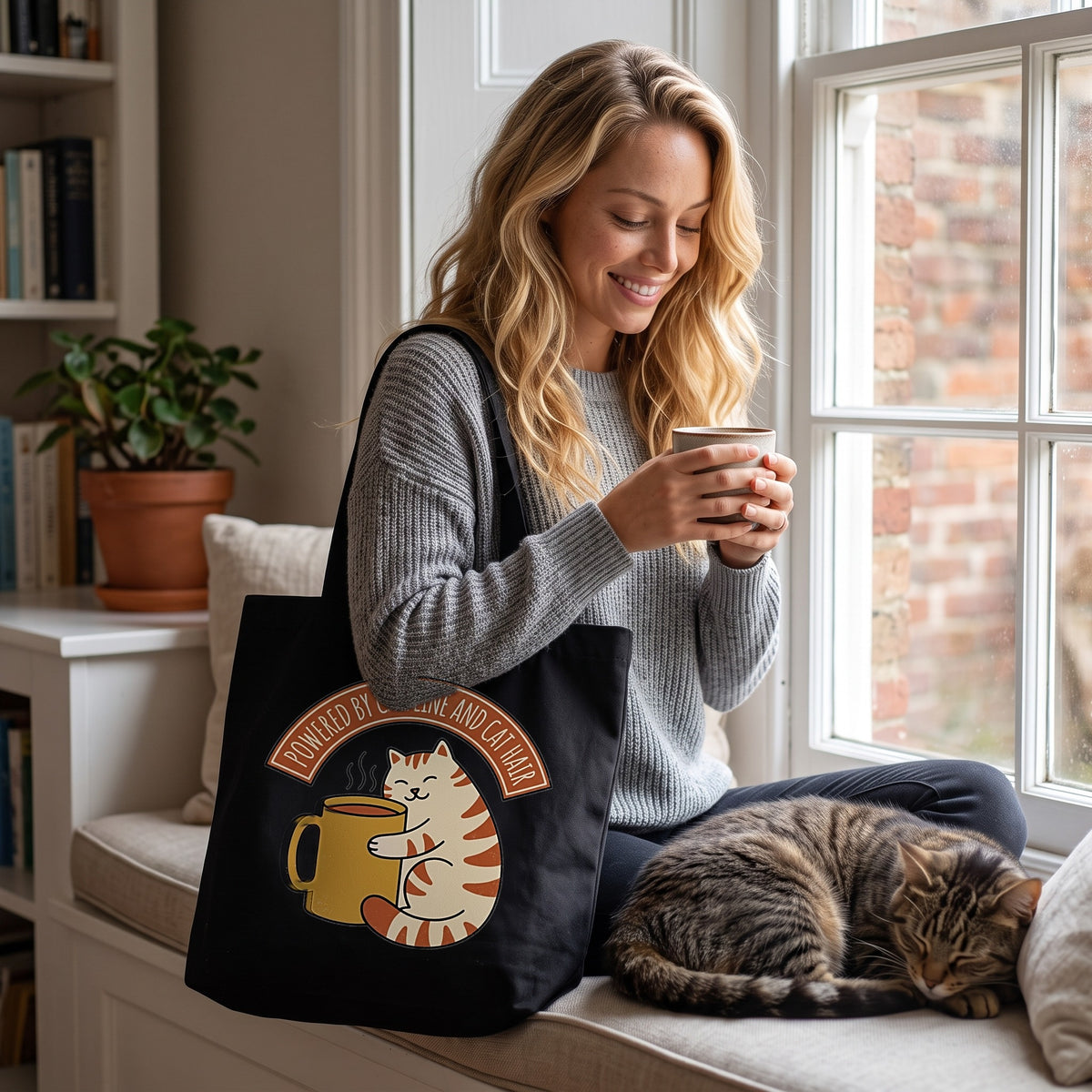 Cat Coffee Powered by Caffeine canvas tote bag in black, carried by an approved model, wide lifestyle photograph