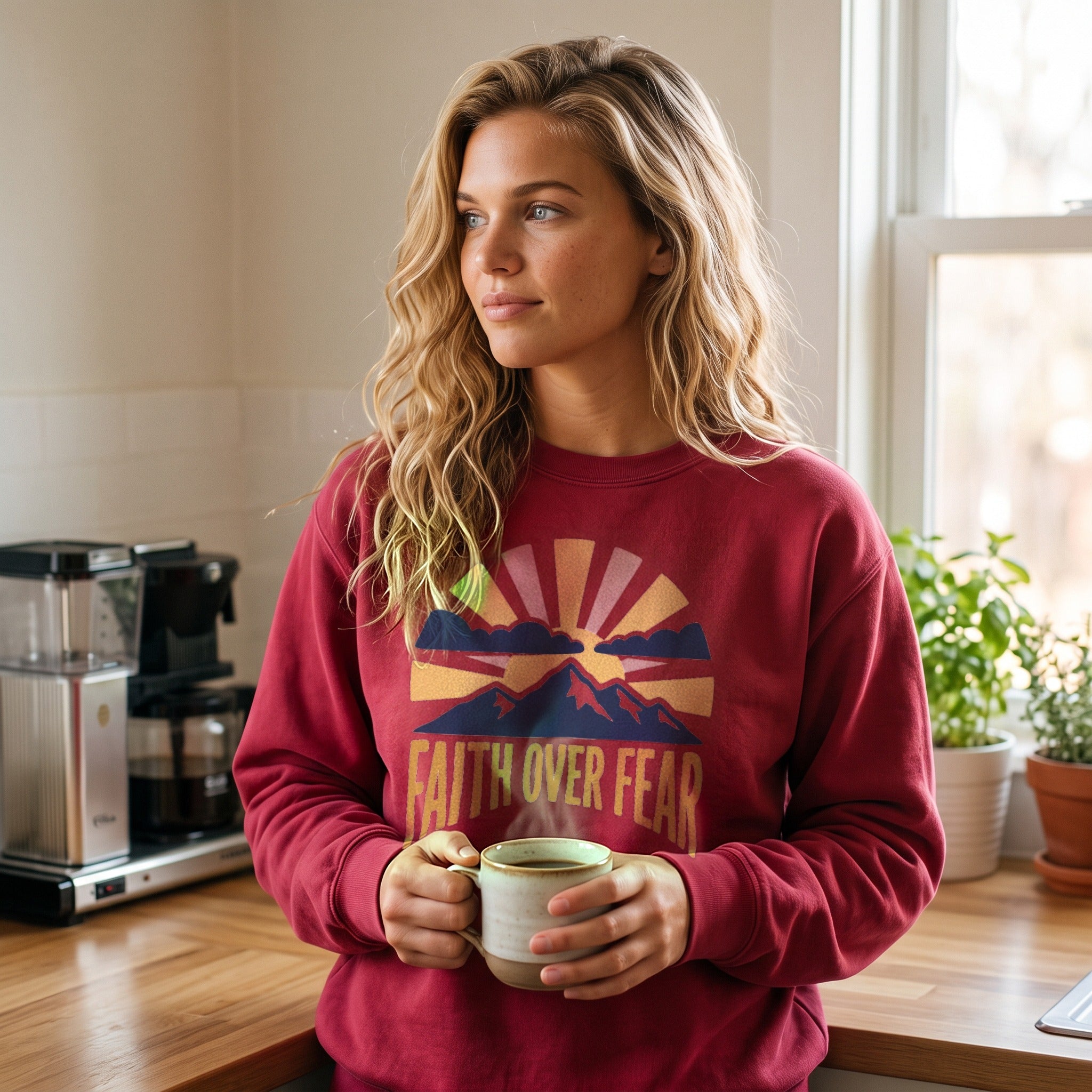 Faith Over Fear Crewneck Sweatshirt in crimson, worn by an approved model, wide lifestyle photograph