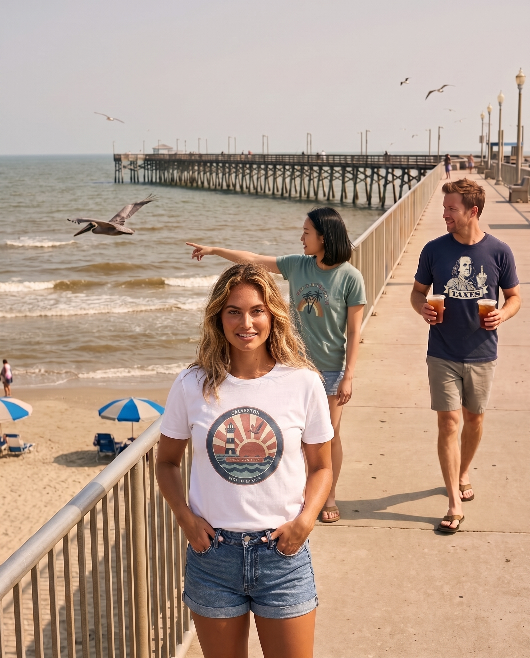 Friends on the Galveston seawall with the fishing pier behind, the front woman in the Galveston Gulf of Mexico badge tee in White at mid-chest, a friend in the Palm Trees and 80 Degrees tee and a friend in the Ben Franklin TAXES tee flipping the bird