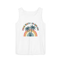 Palm Trees & 80 Degrees tank top on Comfort Colors garment-dyed cotton — two palms and retro 70s rainbow arch with bubble lettering, summer beach tank
