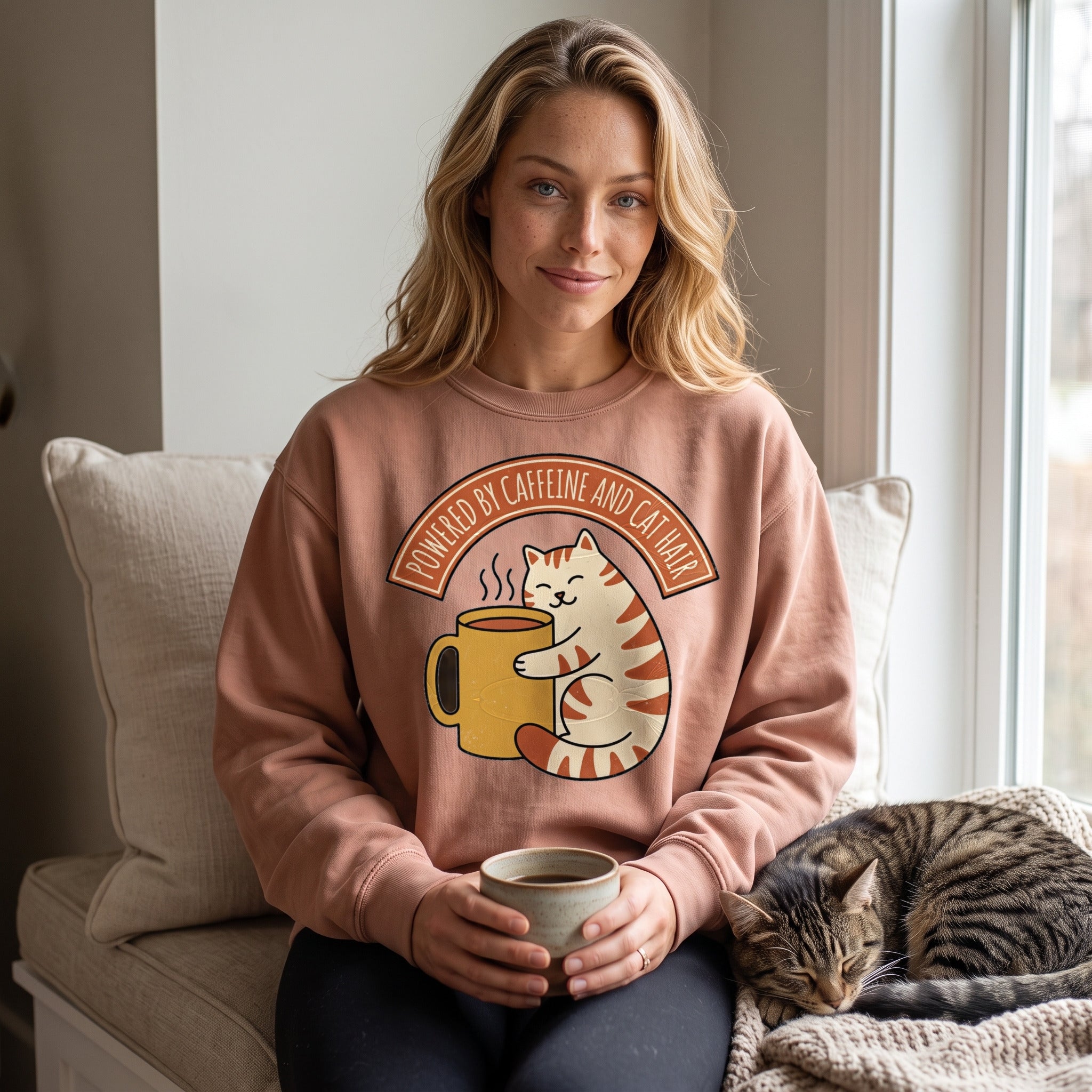 Cat Coffee Powered by Caffeine crewneck sweatshirt in clay, worn by an approved model, wide lifestyle photograph