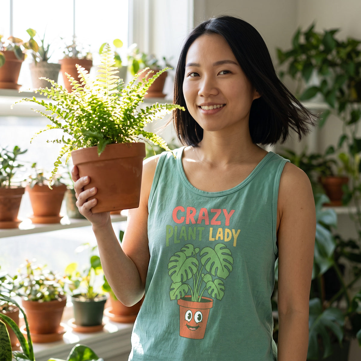 Crazy Plant Lady Tank Top in seafoam, worn by an approved model, close lifestyle photograph